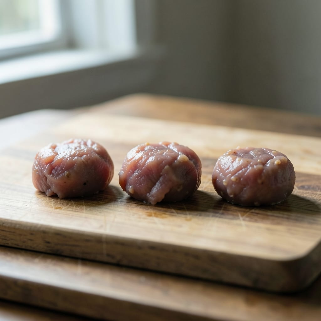 Three chops of different thickness, ready to be tested